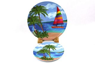 Sailboat and Palm Tree Plastic Dinnerware Set Summer Beach