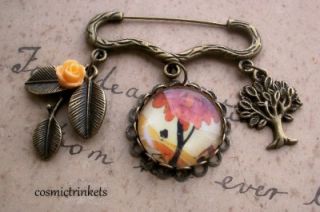 Clarice Cliff Tree Antiqued Bronze Tone Glass Picture Brooch