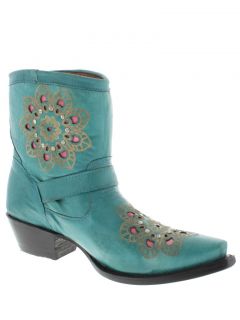 Womens Ladies Turquoise Short Leather Ankle Cowboy Boots Western
