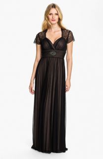 Betsy & Adam Lace Sleeve Pleated Mesh Gown