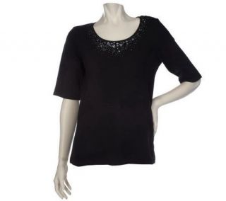 Susan Graver Stretch Cotton Elbow Sleeve Top with Beading Detail