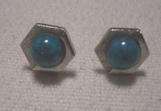  Silvertone With Turquoise Colored Stone Cufflinks Signed S In A Circle