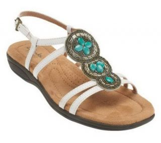 Clarks Artisan Poster Tulip Leather T Strap Sandals w/ Bead Detail 