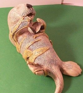  Scrimshaw Sea Otter Statue Figurine Eating Clam Oyster Signed