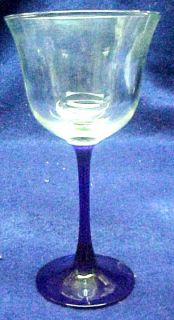 CLEAR GLASS WINE GOBLETS WITH PENCIL THIN COBALT BLUE STEM AND BASE+ 9