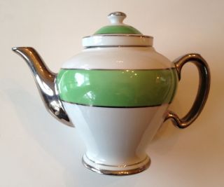 Vintage Hall China green and silver McCormick Baltimore MD Teapot w