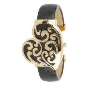 Susan Graver Heart Design Covered Case Black Leather Bangle Watch 