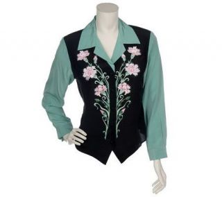 Bob Mackies Silk Floral Embroidered Weskit Blouse —