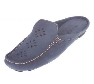 Tsonga Nubuck Leather Slip on Mules w/Stitch Detail & Floral Accent 