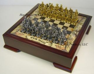 Civil War US Pewter Metal Chess Men Set w Storage Board