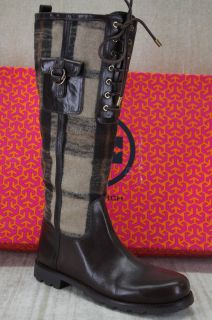 New Tory Burch Colbert Plaid Flannel Leather Flat Boots size 8.5 NIB
