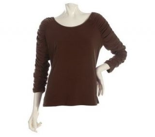 Susan Graver Liquid Knit 3/4 Sleeve Top with Ruched Sleeves — 