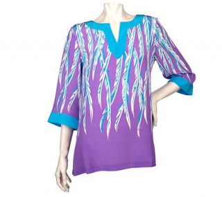 Bob Mackies 100Silk Feather Print Tunic with Colorblocking   A89931