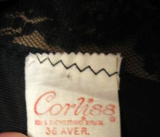 Vintage Corliss Black Full Slip Brown Lace Trim 36 M 1960s