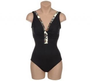It Figures! Tummy Thinner Pattern Play Shirred V neck Swimsuit