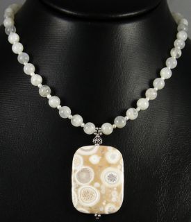 Natural Conglomerate Jasper Pendant Moonstone Round Beads Necklace