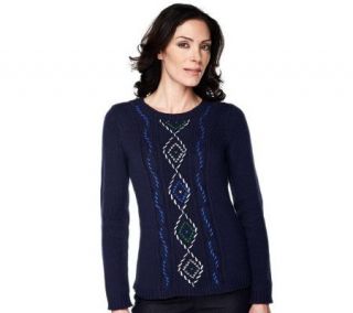 Liz Claiborne New York Embroidered Crew Neck Cable Sweater —