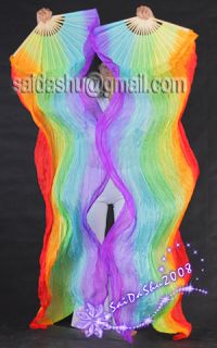 GD】Pair Belly Dance Costume Fan Veil 100 Silk Rainbow New on Sale