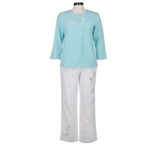 Denim & Co. Embroidered Stretch T shirt & Classic Waist Stretch Jeans 