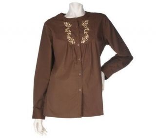 Denim & Co. Long Sleeve Mandarin Collar Woven Shirt w/ Embroidered Bib 