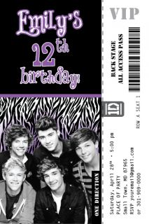 One Direction Zebra Print Invitation Ticket Rock Pop Star Band