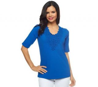 Susan Graver Stretch Cotton Elbow Sleeve V neck Top with Crochet 