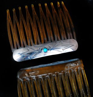  Silver Turquoise HAIR COMBS Sweet Size ETCHED DECORATION Vintage