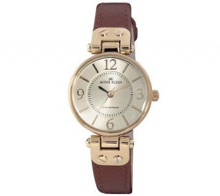 Anne Klein Womens Goldtone and Brown Faux Leather Strap Watch 