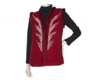 Bob Mackies Feather Embroidered Fleece Vest w/ Turtleneck —