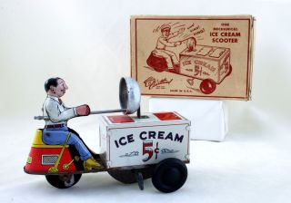 RARE 1950s Walt Reach Courtland ICE CREAM SCOOTER +BOX Litho Tin Toy