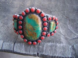 Fabulous Kirk Smith Turquoise Coral Cluster Cuff Sterling Bracelet