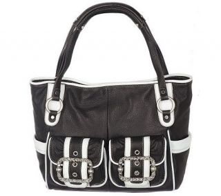 Makowsky Glove Leather Contrast Trim Tote with Buckle Accents