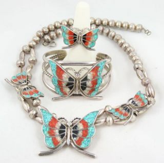 Vintage Navajo Handcrafted Joe Corbet Inlaid Buterfly Necklace