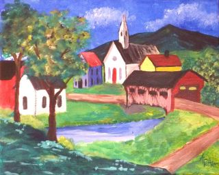 Vermont Covered Bridge Church Original Painting by Angie Potter 8x10