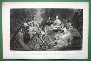 PRINCESS EUGENIE & Ladies of Her Court   SUPERB Antique Print