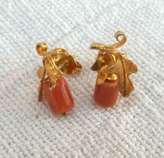  Chinese Silver Vermeil Filigree Stud Earrings with Red Coral