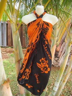 Sarong Orange Blk Hibiscus Coverup Hawaiian Luau Dress