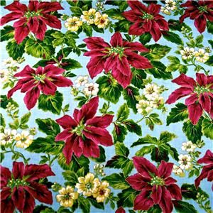 Cranston Cotton Fabric Red Poinsettias White Christmas Roses on Slate