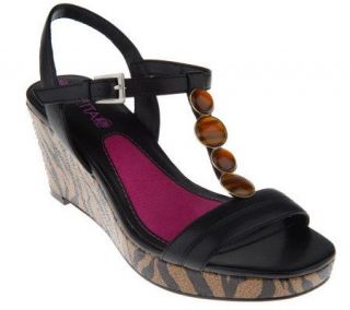 Gretta Jeweled Detail Animal Print Wedge Heel T strap Sandals