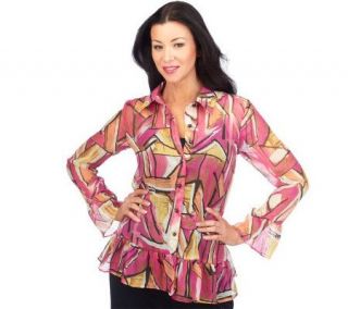 George Simonton Button Front Printed Blouse with Shirred Cuffs