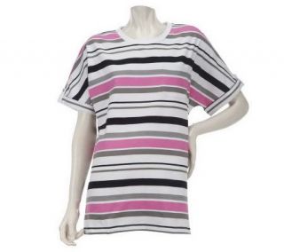 Denim & Co. Roll Tab Short Sleeve Scoop Neck Striped T shirt