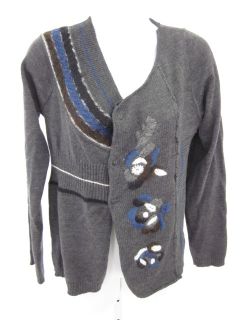 Creola Dark Gray Stripe Floral Knit Cardigan Sweater 46