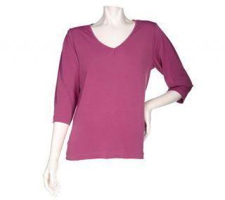 Susan Graver Liquid Knit 3/4 Sleeve V neck Top with Shirring
