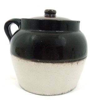 Antique Stoneware Crock Bean Pot Blue 2 Quart Lid Handle Primitive