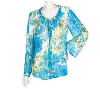 Susan Graver Georgette Floral Printed Long Sleeve Ruffle Shirt