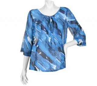 Susan Graver Crinkle Chiffon Printed Top w/ Keyhole and Front Pleating 