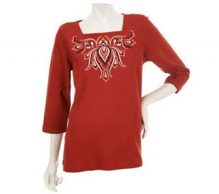 Bob Mackies Square Neck Embroidered 3/4 Sleeve Pullover —