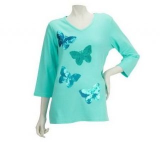 Quacker Factory Glitter & Shine 3/4 Sleeve T shirt —