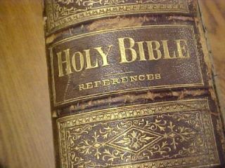 Antique Vintage 1877 Holy Bible Leather Brass Clasps Illustrated
