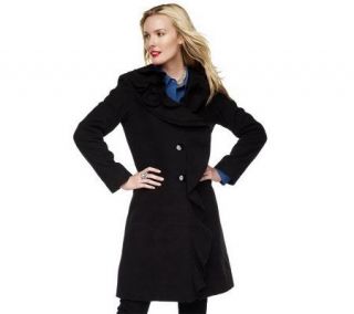 Dennis Basso Button Front Ruffle Collar Coat with Rosette Detail